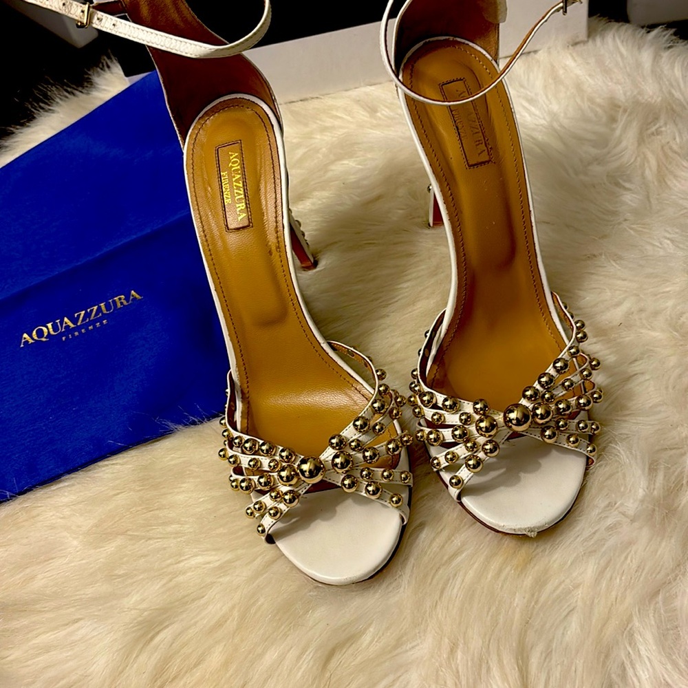 Gorgeous White&Gold Beaded Strappy Stiletto Aquazzura Sandal 41